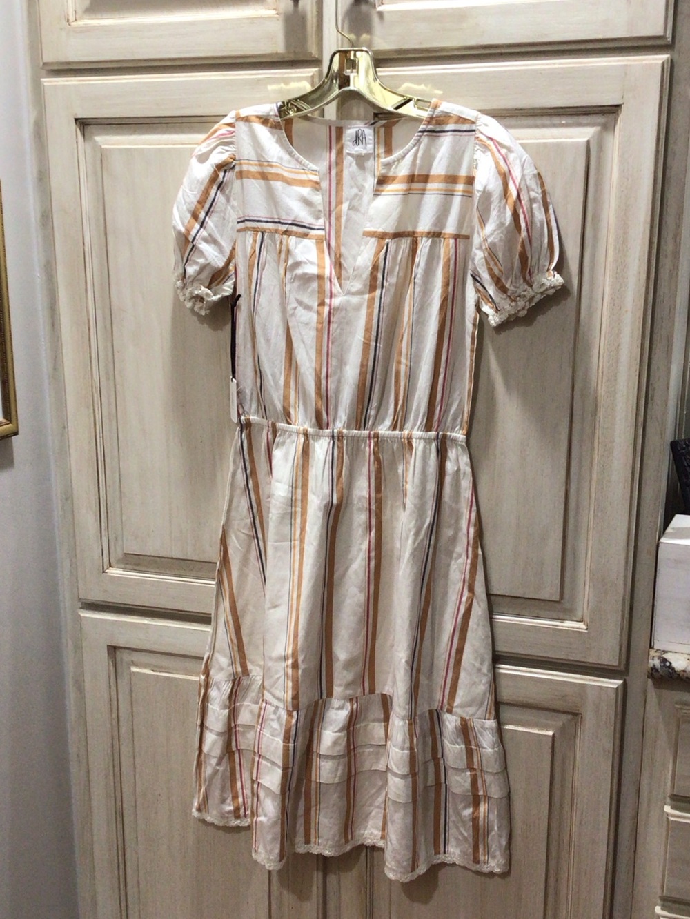 Puff-Sleeve Striped Midi Dress in Cream, Tan & Rust $168